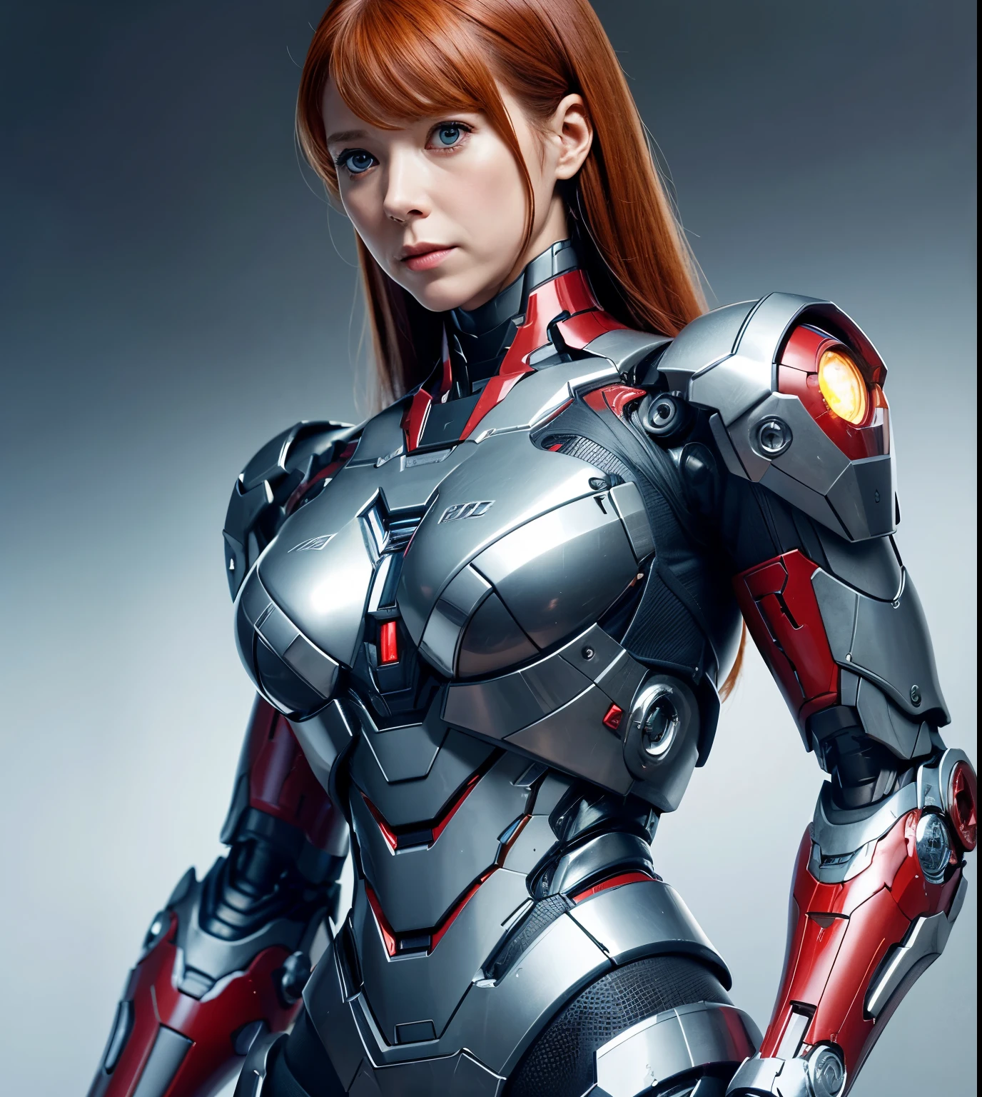 Textured skin, Super Detail, high details, High quality, Best Quality, hight resolution, 1080p, hard disk, Beautiful,(Pepper Potts Rescue),beautiful cyborg woman,Mecha Cyborg Girl,Battle Mode,Girl with a Mecha Body,She wears an Iron Man mechheadgear,A powerful cyborg woman, sleek and futuristic, with advanced mechanical augmentations that enhance her strength and capabilities.