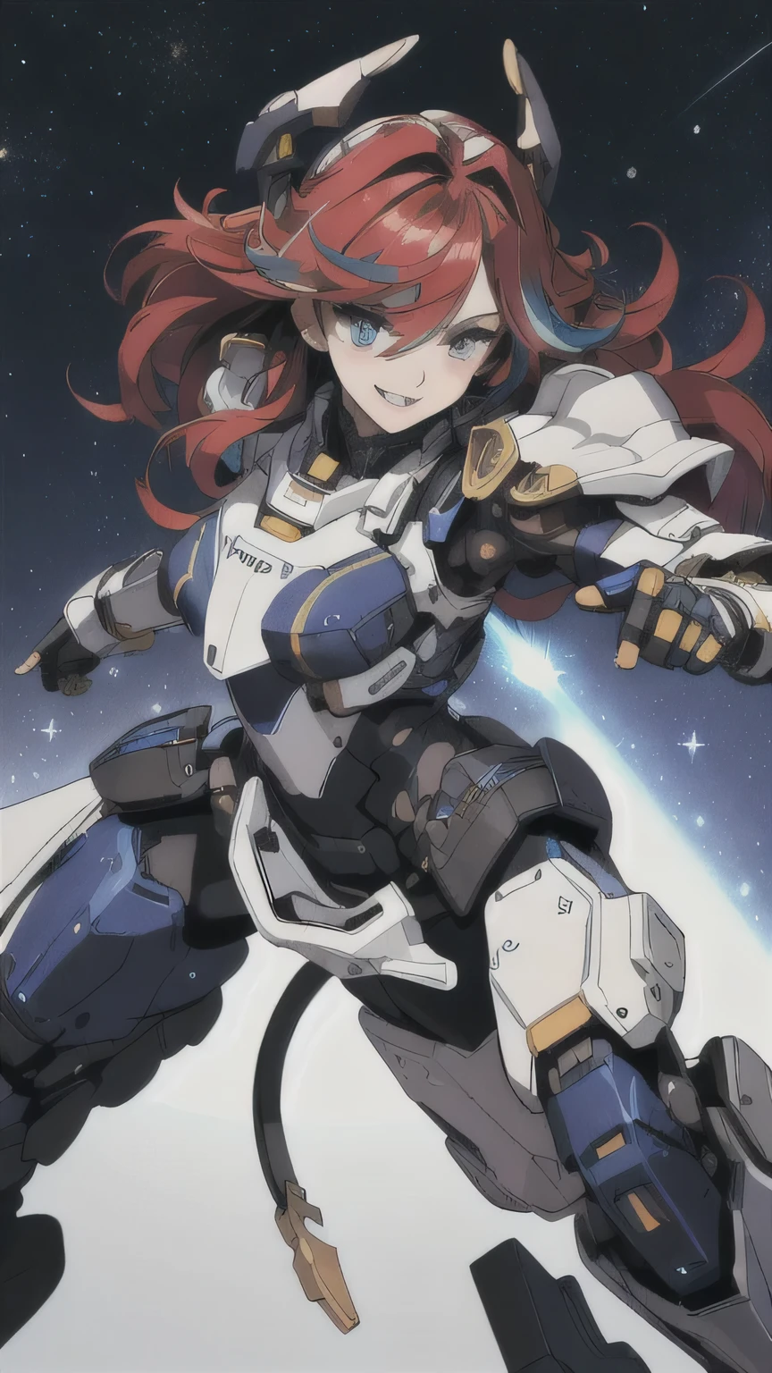 ((best quality)), ((masterpiece)), (detailed face and eyes), detailed hands and fingers, perfect face, accurate, textured skin, high details, multicolored hair, gradient hair, hair between eyes, hair over shoulder, big hair, hair over eyes, hair flaps, mole under eye, tareme, smile, Expressionism, anime, sparkle, Science fiction, mechanical body, armor, android, mechanic parts, night sky