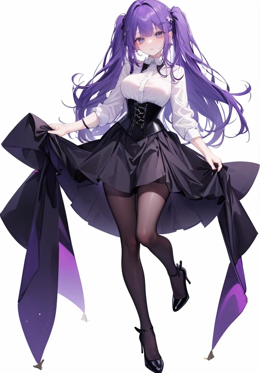 Purple Hair,Long Hair,Adult female,White Y-shirt,((Roll up her sleeves)),(corset),(Black tight skirt),(High heels),((Simple white background)),smile,((full body)),((whole body)),