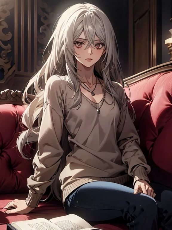 (Confused, High resolution, Very detailed), 1 female, Silver Hair,Long Hair,Reddish brown eyes,Blue V-neck sweater,Jacket,Black skinny pants,24th generation,beauty,mature,thin,quiet,Calm,talk,sofa,Book,In the middle of reading,Blue V-neck sweater,Small breasts,necklace