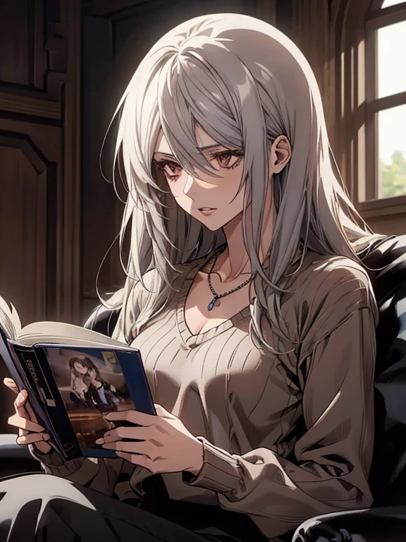 (Confused, High resolution, Very detailed), 1 female, Silver Hair,Long Hair,Reddish brown eyes,Blue V-neck sweater,Jacket,Black skinny pants,24th generation,beauty,mature,thin,quiet,Calm,talk,sofa,Book,In the middle of reading,Blue V-neck sweater,Small breasts,necklace