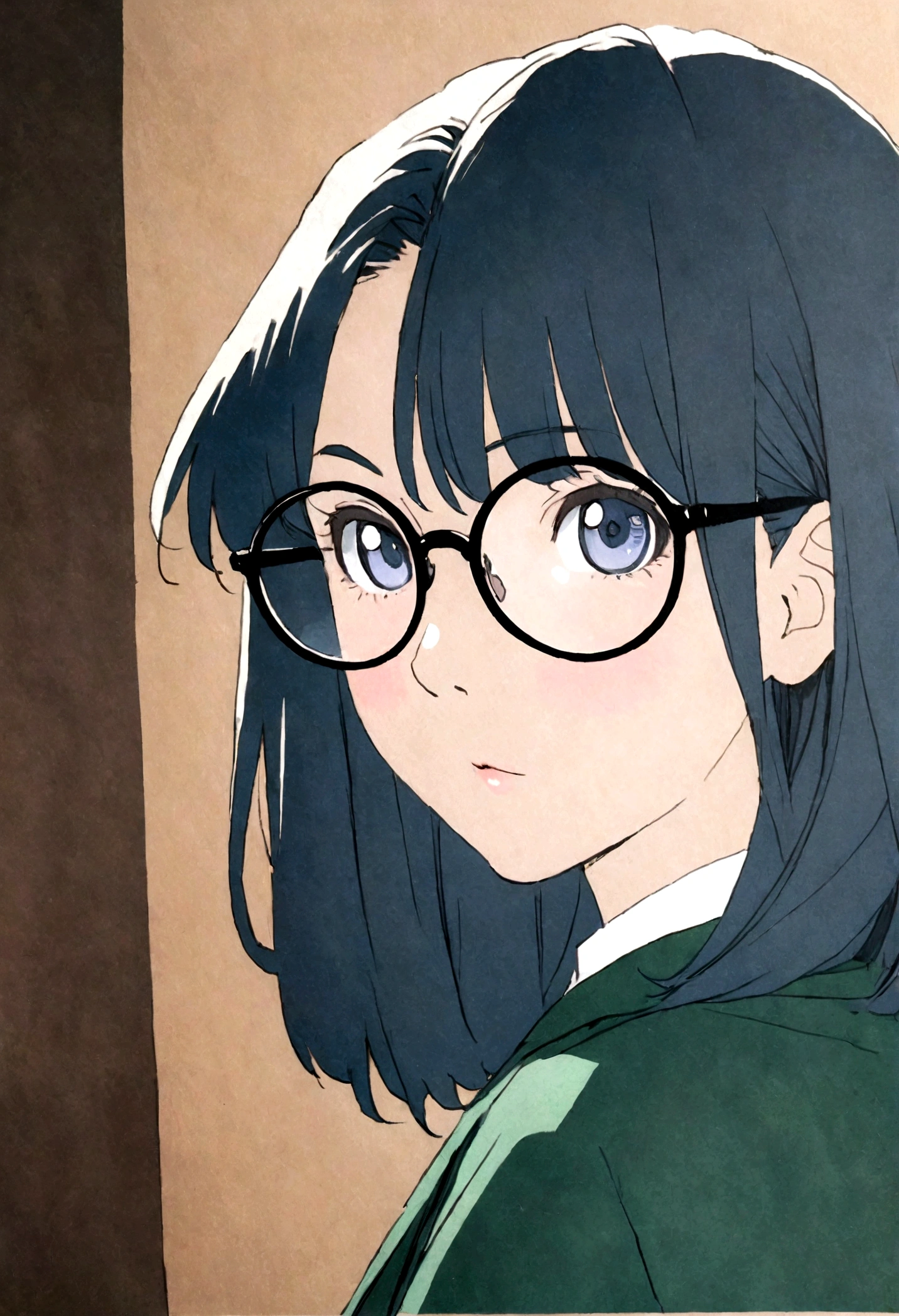 anime girl with glasses and green jacket posing for a picture, a character portrait, a colorized photo, by Takeuchi Seihō, girl with glasses, rei hiroe, girl wearing round glasses, wearing round glasses, wearing small round glasses