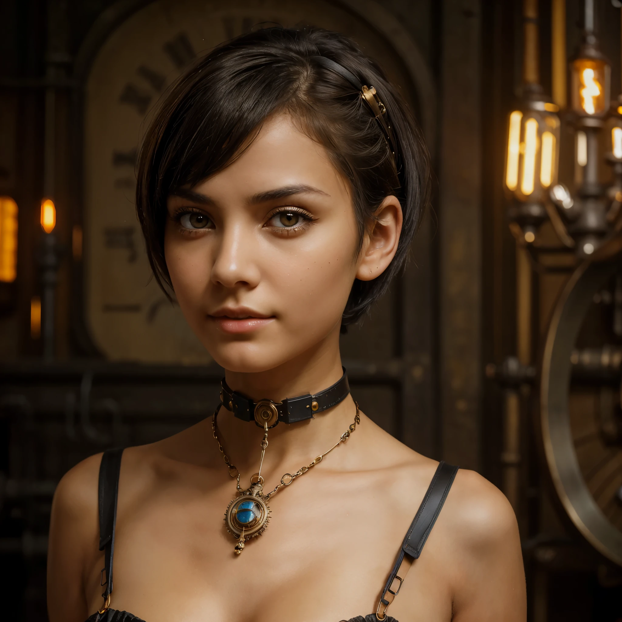 masterpiece, highest quality, Perfect Face, Highest Resolution, Highest quality,Detailed depiction of the eyes, 1 girl, young, slender body, Shorty, deep tan skin, slate gray hair, short  hair, upturned eyes, Yellow Orange eyes, Perfect Anatomy, steampunk, 19th century, ribbon choker, steampunk style costume,city,