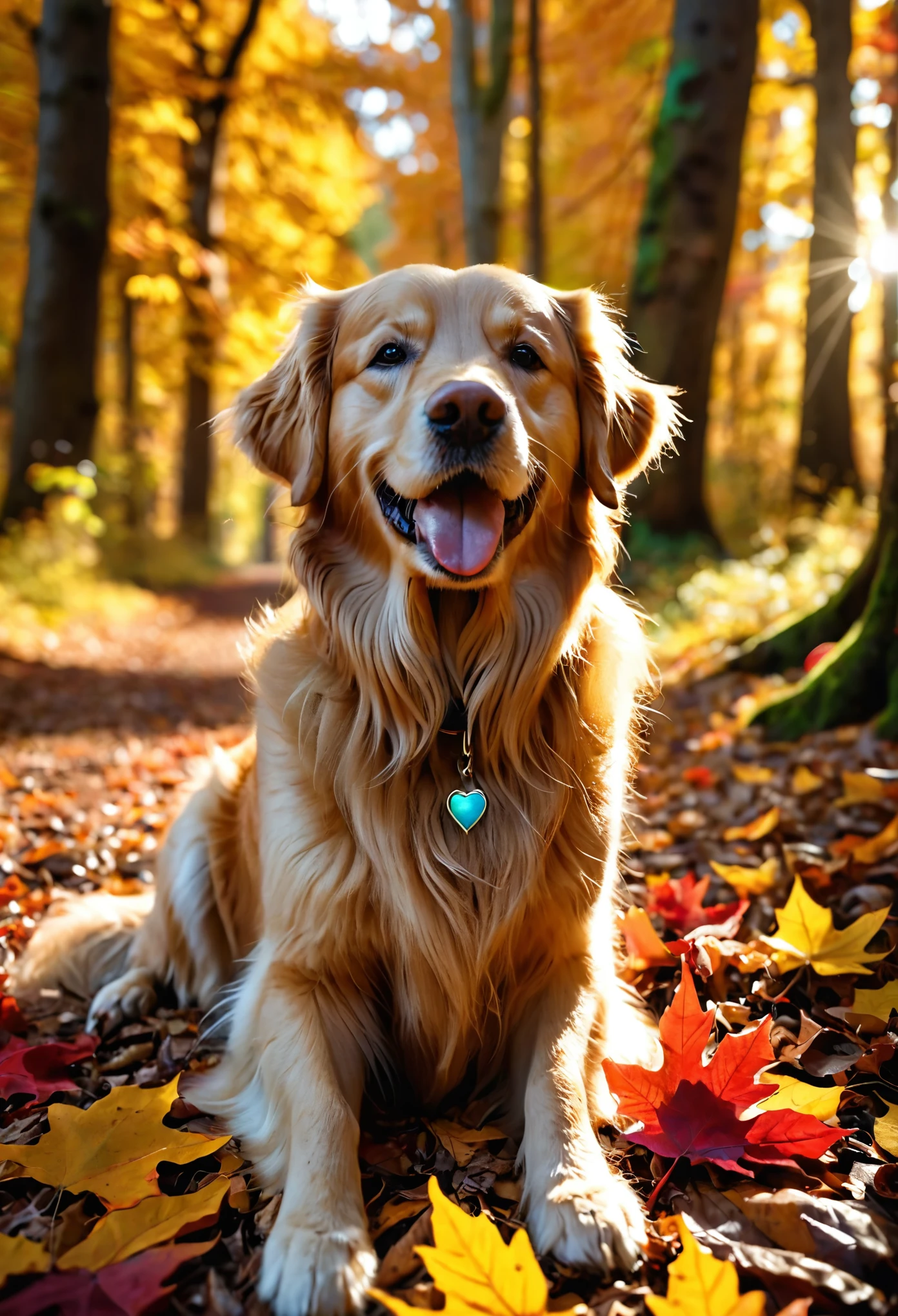 cinematic photo A golden retriever sits happily in a vibrant autumn forest. The dog's coat is a rich golden color,complementing the surrounding fall foliage. Bright red and orange leaves cover the ground,and the trees have a mix of golden and amber leaves. The forest is bathed in warm sunlight,creating a serene and picturesque atmosphere. The golden retriever looks content and joyful,with its tongue out and eyes sparkling,perfectly capturing the beauty and joy of a fall day in the forest,looking at the camera,cinematic,colorful background,concept art,8k,dramatic lighting,high detail,highly detailed,hyper realistic,intricate,intricate sharp details,octane render,smooth,studio lighting,trending on artstation.,cinematic  photorealistic,8k uhd natural lighting,raw,rich,intricate details,key visual,atmospheric lighting,35mm photograph,film,bokeh,professional,4k,highly detailed . 35mm photograph,film,bokeh,professional,4k,highly detailed