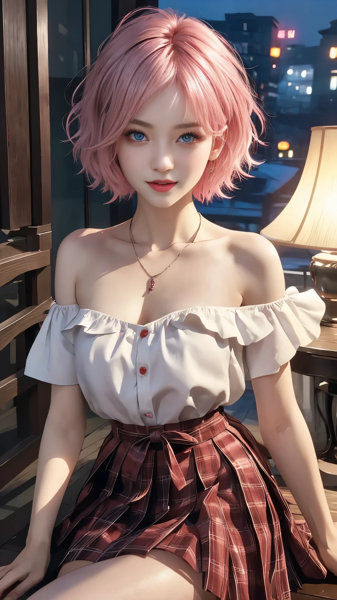 jk suit,plaid skirt,pleated skirt,shirt,bowtie,masterpiece, Top quality, ((1 Woman)), Bare shoulders, The skirt is short, Showing off sexy legs, Adults, Different colors, Exquisite eyes and detailed face, Intricate details, window, a smile, happiness, tenderness, High level of image quality、 Selfie, beautiful woman、High、a small face, D cup, dusk, Night view、art itself、Korean, Idol photos, Model Photos, Korean Pop, Professional photos, vampire, Korean fashion black and white, Fedorman and necklace, Inspired by meditation, 雌雄同體的vampire, :9 detailed faces: 8, The face is rich in detail, Fine punk hair, ((Eyes are brown)) Eye bags, Tempting. Very detailed, Semi-realistic animation, vampire, surreal teen, ((Short hair woman)), pink haired woman，Looks wild, Sexy look, ((粉色Short hair woman)), ((1 person)), Sit down and strike sexy poses,
