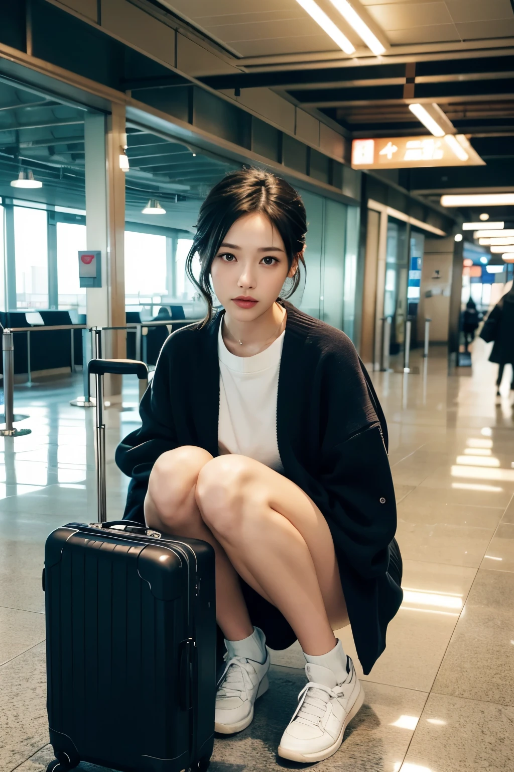 Woman sitting on the floor with suitcase on her knees, Airport Background, In a suitcase, promo shot, Photo shoot, kiko mizuhara, produce: Hiroyuki Tajima, produce: Nishida Shun'ei, Gemma Chen, ticker, Zia, Lulu Chen, Nakamura Naodo(Naondo Nakamura), by Ayami Kojima, Mixed art, by Tadashi Nakayama, Rainy