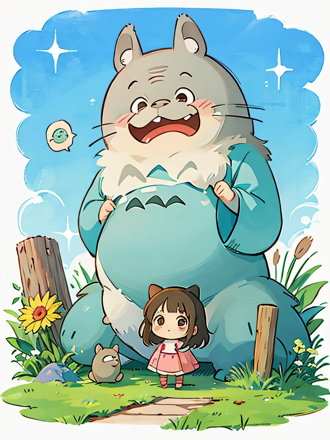 Hayao Miyazaki style, Kawaii Design, most beautiful girl ever、Chibi, speech , president, Totoro,
