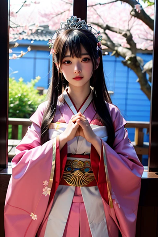 goddess　１２unlined kimono　The color is lustrous　upright　Joining hands in prayer　looking at the camera　Background is cherry blossoms　Front view　　tiara　Upper Body　big