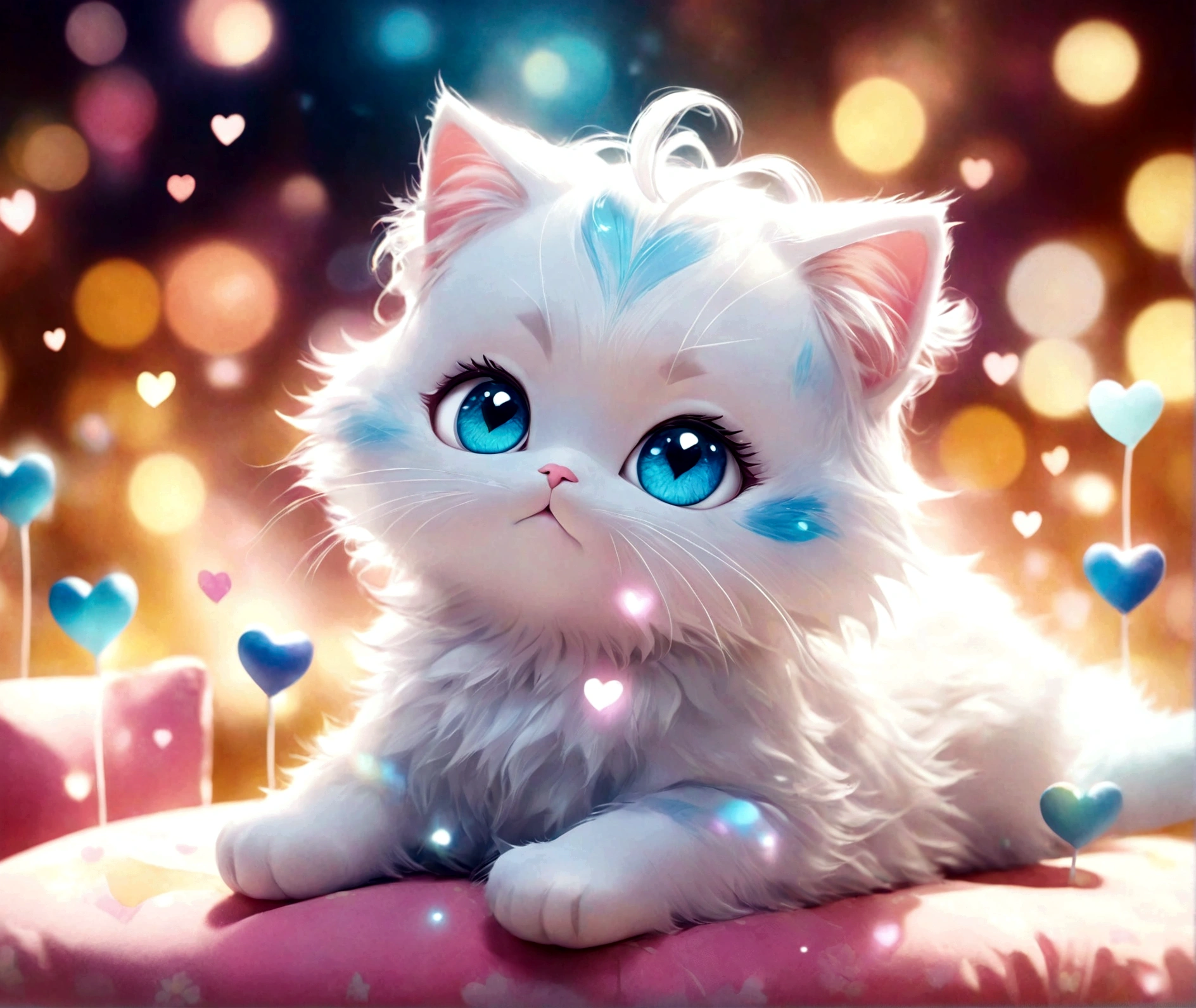 A cute cute 3d kitten character, lying on cushions, white and iridescent tones, sweet surreal dreamy animated children's character, children's book style, whimsical 3d digital romance illustration, soft, bokeh bokeh bokeh style, glowing hearts in the background, surreal hyperrealistic
