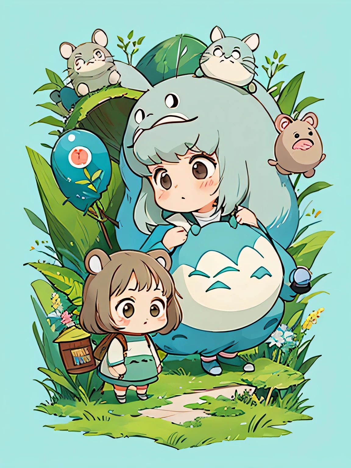 Hayao Miyazaki style, Kawaii Design, most beautiful girl ever、Chibi, speech , president, Totoro,
