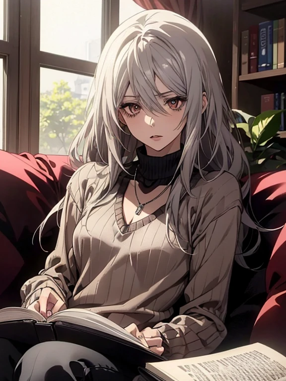 (Confused, High resolution, Very detailed), 1 female, Silver Hair,Long Hair,Reddish brown eyes,Blue V-neck sweater,Jacket,Black skinny pants,24th generation,beauty,mature,thin,quiet,Calm,talk,sofa,Book,In the middle of reading,Blue V-Neck Sweater,Small breasts,necklace