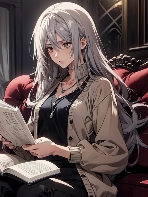 (Confused, High resolution, Very detailed), 1 female, Silver Hair,Long Hair,Reddish brown eyes,Blue V-neck sweater,Jacket,Black skinny pants,24th generation,beauty,mature,thin,quiet,Calm,talk,sofa,Book,In the middle of reading,Blue V-Neck Sweater,Small breasts,necklace