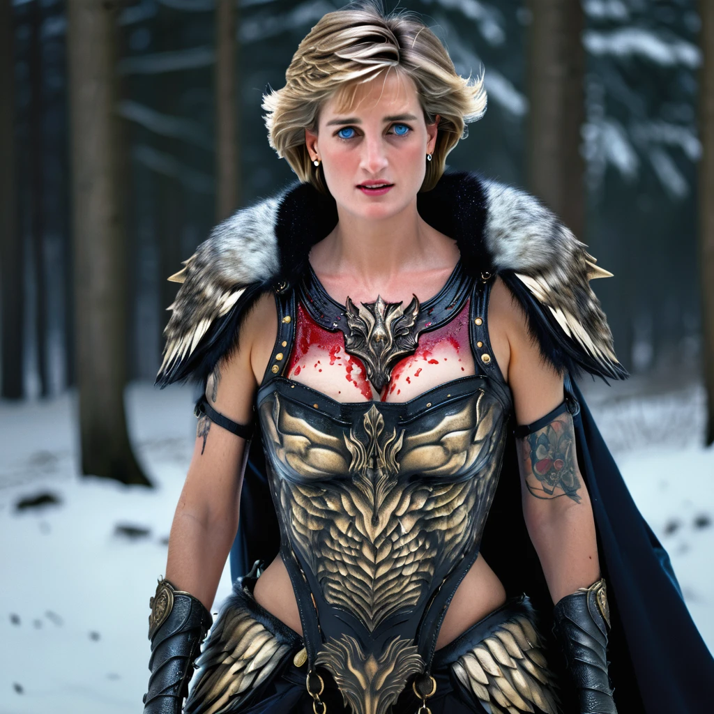 4k highly detailed realistic digital extremely high quality RAW photograph, a portrait photo princess Diana that lived with wolves her whole life is now leading them to battle. torn clothes exposing (nude:1.4) body, armored pauldrons, fangs, curled horns, big breasts, ((snow and blood)), ((wolf tattoos)), epic, hyperrealistic, hyperrealism, 8k, cinematic lighting, greg rutkowski, wlop, (f1.8 short focus bokeh)