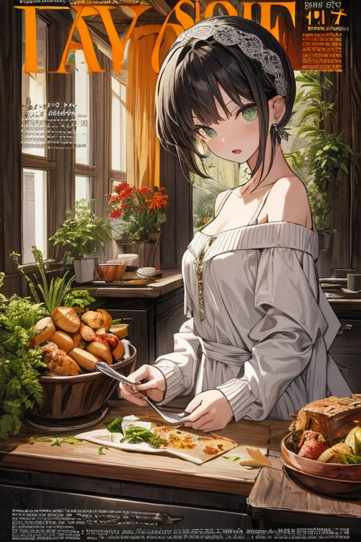 (small breasts:1.3), (perky chest:1.1), (pointed chest:1.0), (fashion magazine cover:1.3),(from below:1.0),(from side:0.9),masterpiece, 1girl, Amazing Cleavage:1.1, thin waist, big ass, Raised sexy, small breast: 1.3, posed cleavage:1.2、solo, looking at viewer, open mouth, have a cute grass of cute beergrass,black hair, dark green eyes, dress, bare shoulders, jewelry, collarbone, sidelocks, hairband, earrings, indoors, off shoulder, :o, sweater, arms behind back, plant, short hair with long locks, gild hairband, off-shoulder dress, sweater dress, off-shoulder sweater, red sweater, dark gord hair, big side hair, very long side hair,is rendered in (masterpiece: 1.2, best quality), with (ultra high resolution) and an exquisite (depth of field). This masterpiece is not only visually stunning but also tells,A scene of cooking in the kitchen by classroom