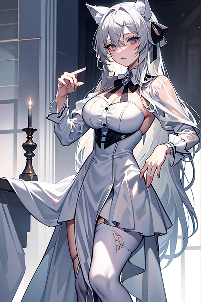 1 girl, white hair, wavy hair, very long hair, light gray eyes, small eyes, mature face, dropping eyes, big breasts, cameltoe, blurry background, erect nipples, black wedding dress, blush, tiara, feather, pepperoni nipples, ahes, fog, forest, veil, ((forehead)), earrings, white roses, pubic hair, skirt lift, panty shot, light smile, garter belt, high heel, tall statue, night, candle, see-through, goth