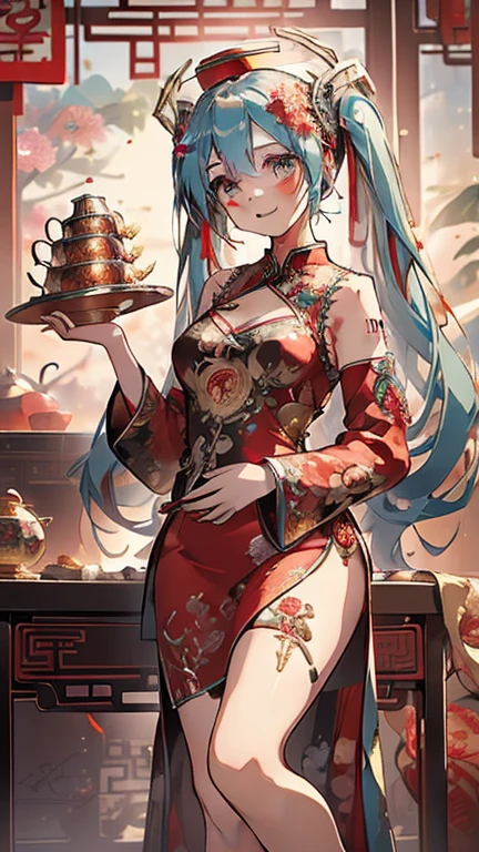 (((Masterpiece))),(((Super Detail))),(((in 8K))),(((best composition))),(((Rim lighting,Fireglow effect,deep shadow))),solo,(Hatsune Miku:1.6),beautiful detailed eyes,double bun with glittering hair ornament,(super detailed glossy skin:1.3),slender body,tits,goddess smile,((mouth open)),beautiful posture,cheongsam dress,(Red with gold thread embroidery,super delicate floral pattern:1.7),seductive cleavage,beautiful glossy legs,shiny red high heels,lifting dishes with food,chinese restaurant,hustle and bustle,rising steam,(((depth of fields)))