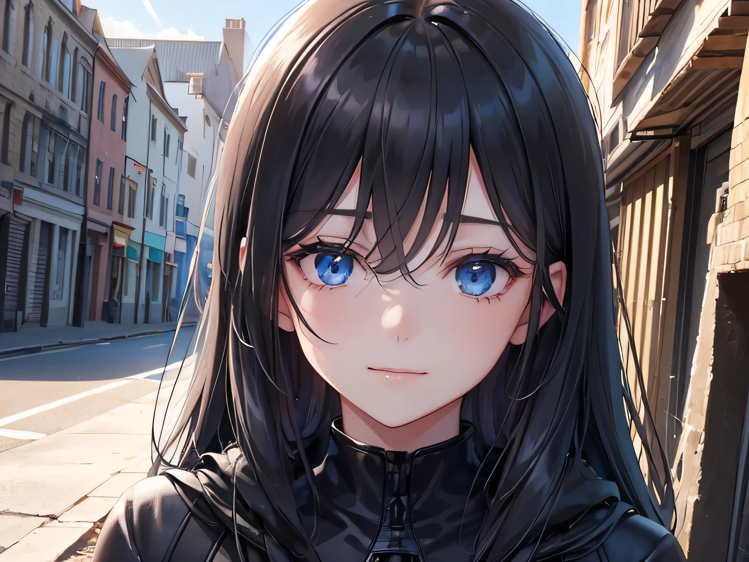 a detailed close up person, ((8k)), ((face detailed)), ((bust up shot)) a long black-haired and blue eyes ((woman)) 22 aged ((wearing black army suit)) with little smile expression sitting in the roof of old building, looking at the point view but her eyes are covered by his hair, sunlight shines in from the side darken the other side