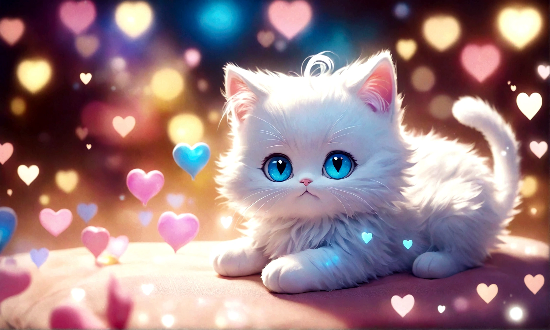 A cute cute 3d kitten character, lying on cushions, white and iridescent tones, sweet surreal dreamy animated children's character, children's book style, whimsical 3d digital romance illustration, soft, bokeh bokeh bokeh style, glowing hearts in the background, surreal hyperrealistic