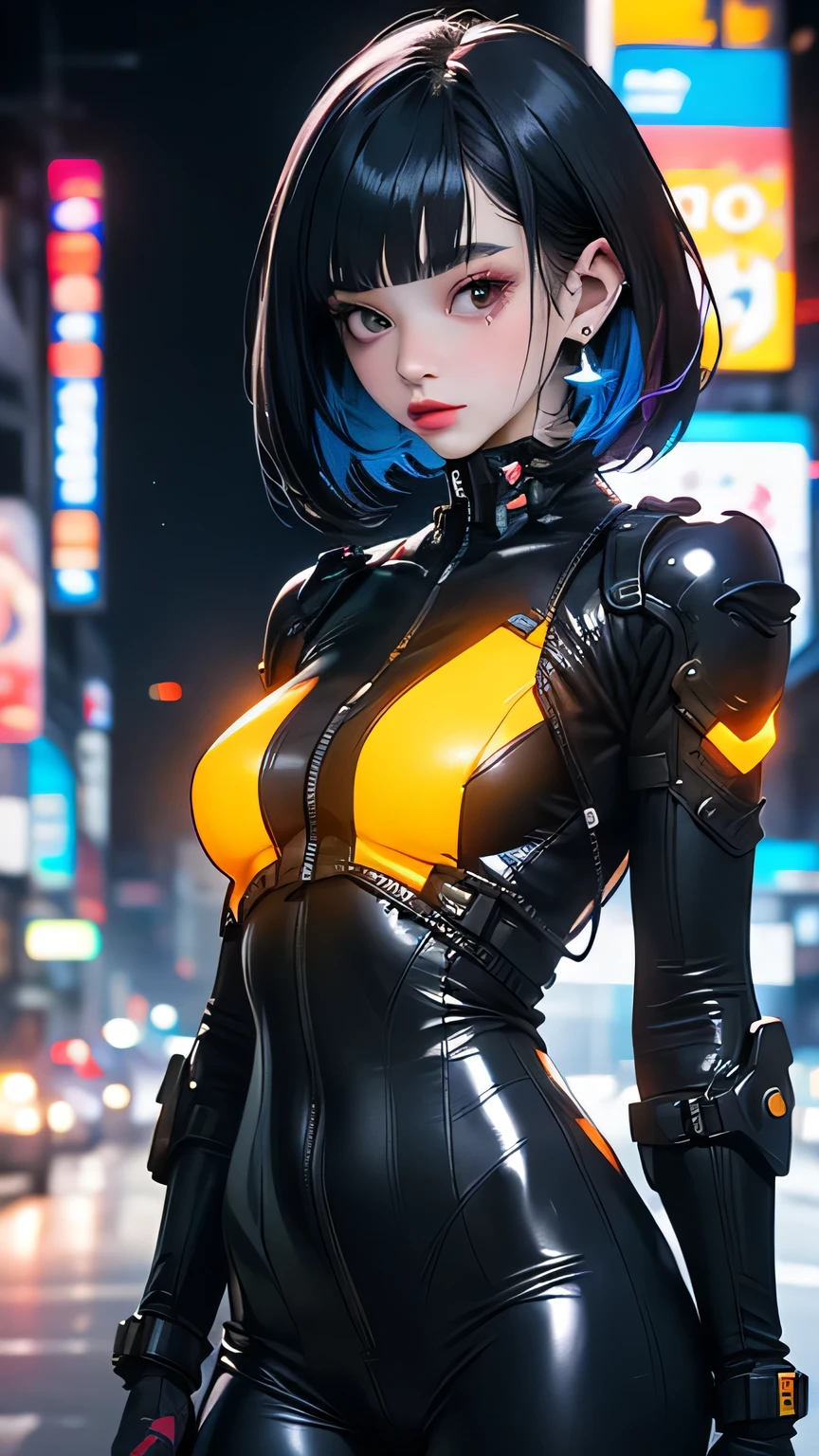 masterpiece, highest quality, One girl, Super Detail, Colorful plug suits that fit perfectly against the skin, Plugsuit with neon lines, Perfect Eyes, Perfect Face, Kuvshinov, Cowboy Shot, Cyberpunk City, Glowing neon color palette, 