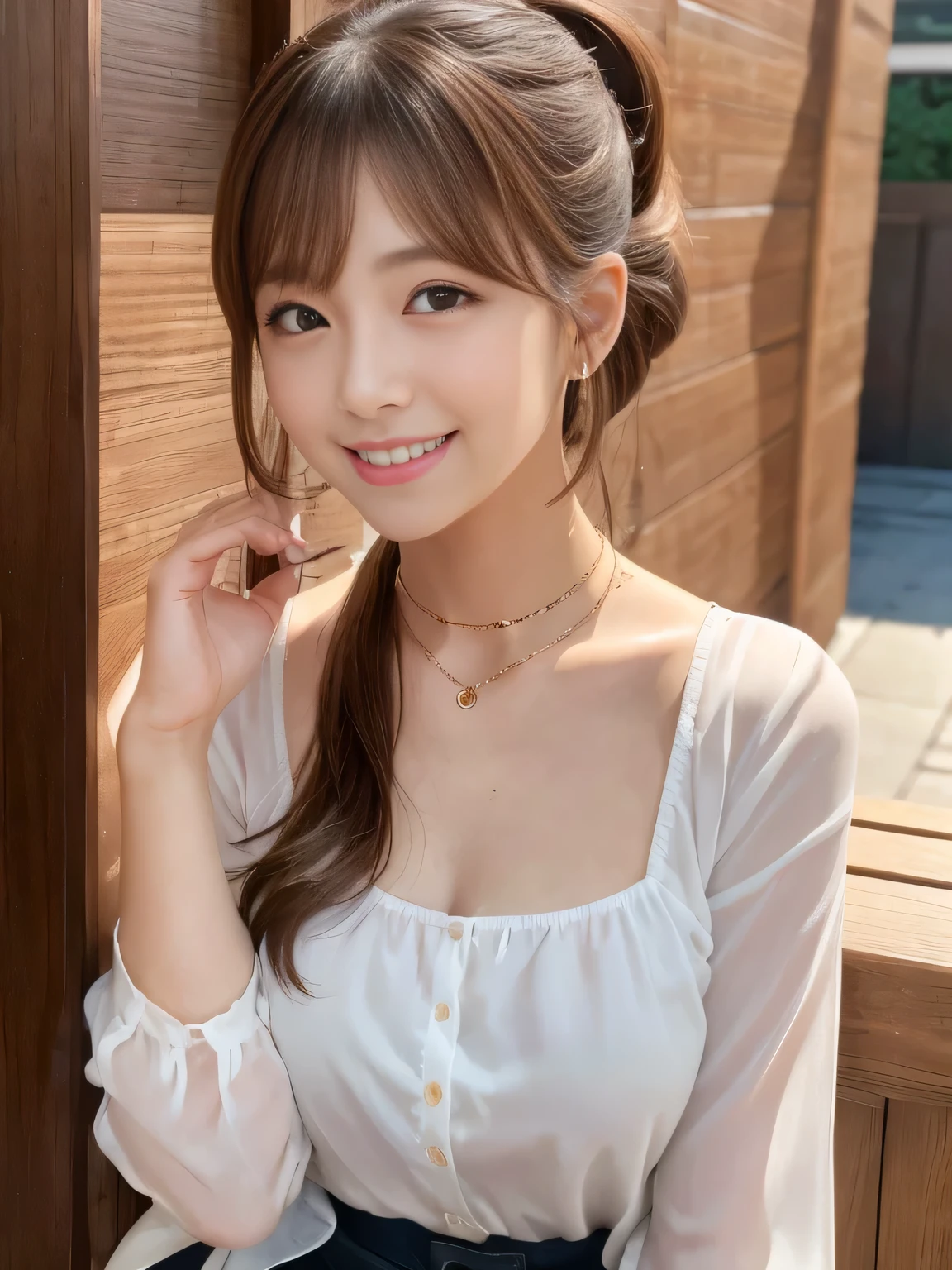 A close up of a woman wearing a white shirt and blue skirt - SeaArt AI