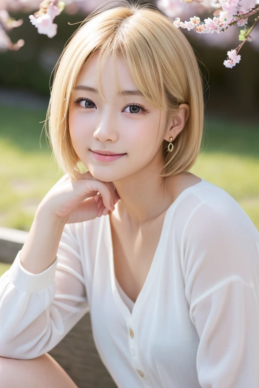 Japanese,(detailed aspects)、Genuine、Photographed in natural light、Highly detailed face and skin texture、Highly detailed lips、The correct state of the human body、 Japan Woman,Baby Face,Innocent face,Blonde Bob,Slender figure,university student,Simple,Droopy eyes,Earrings,Sitting,An innocent smile,Spring Clothes,