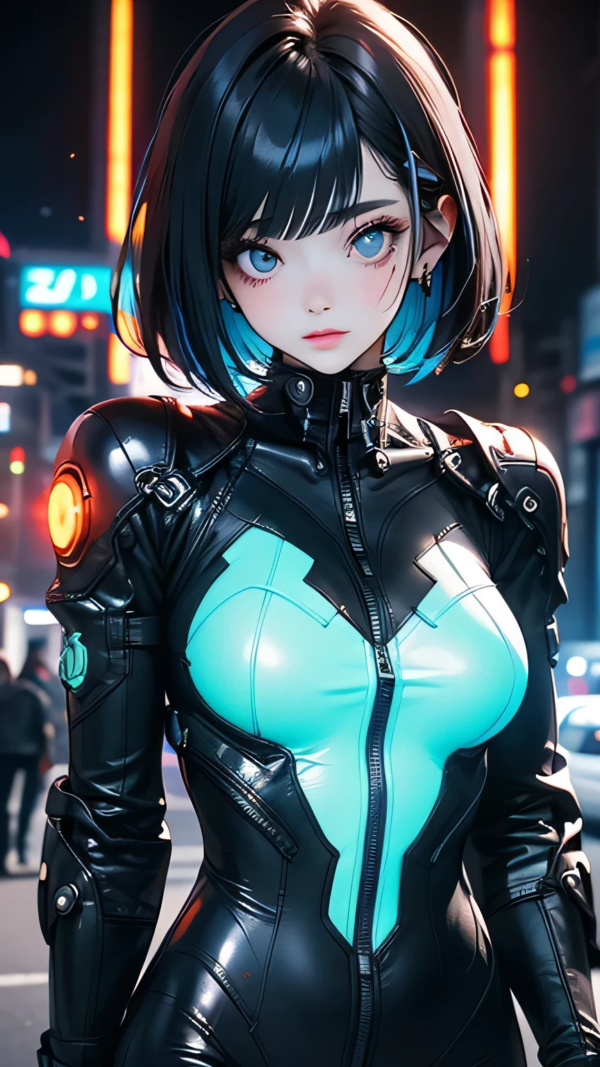 masterpiece, highest quality, One girl, Super Detail, Colorful plug suits that fit perfectly against the skin, Plugsuit with neon lines, Perfect Eyes, Perfect Face, Kuvshinov, Cowboy Shot, Cyberpunk City, Glowing neon color palette,