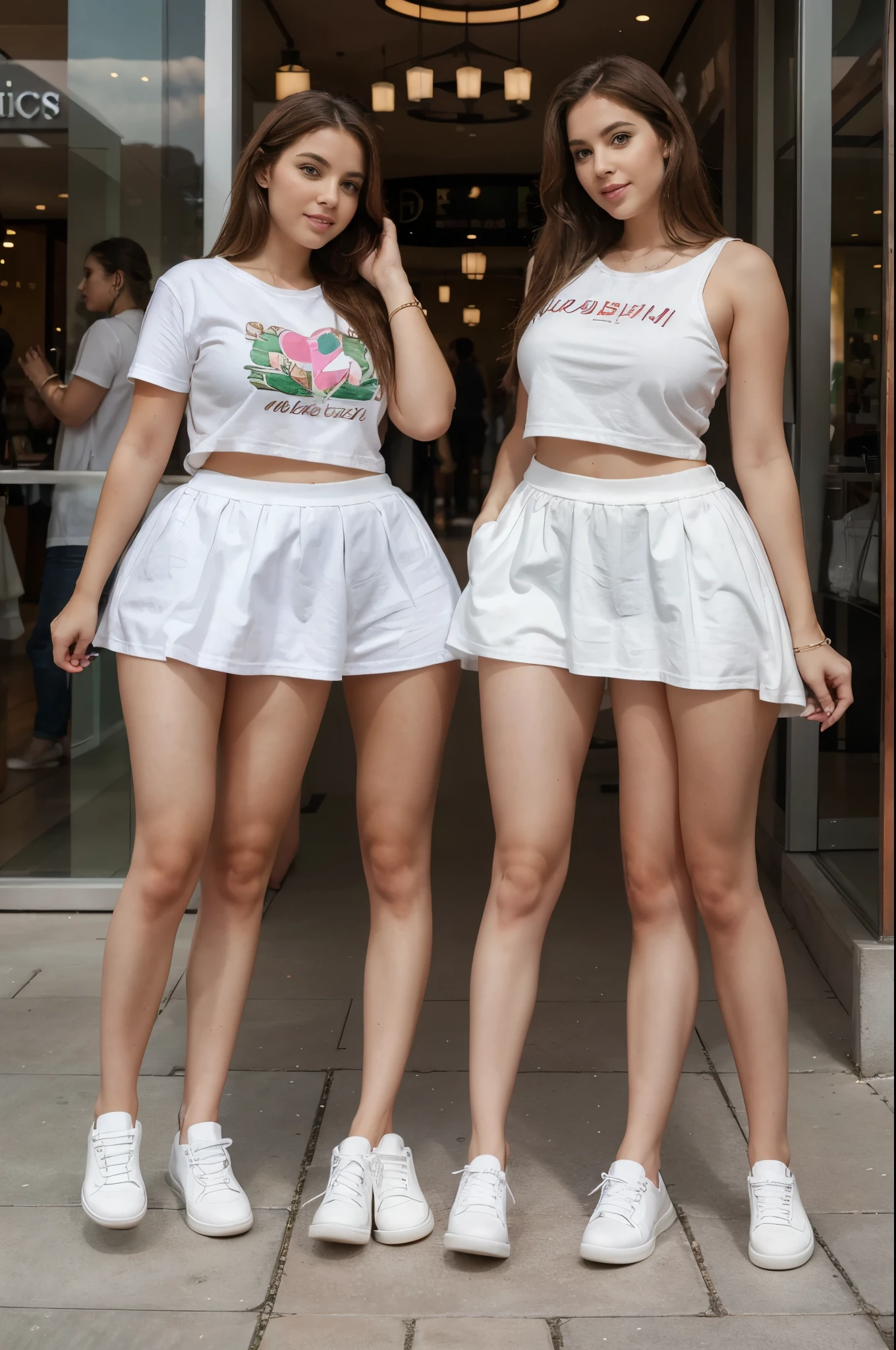 2 girls, beautiful woman with three curvy legs, shopping in a mall, casual outfit with skirt, casual white sneakers, age 29, Irish,