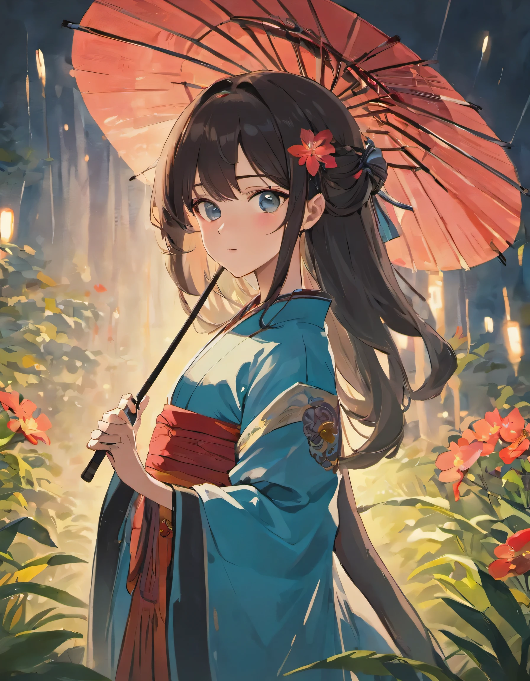 A beautiful girl with brown eyes and long black hair, wearing traditional Japanese clothing, light blue and black, with red lipstick on her lips and holding a Japanese umbrella. The background is in the garden with beautiful red flowers.