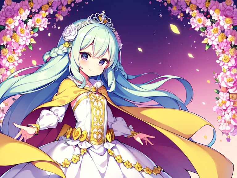 looking at viewer,(kawaii),(best quality),(ultra detailed), upper body,(rococo style),(long train pastel yellow cape:1.15), very long cape,(long train white ball gown with flower decorations:1.1), a girl is wearing a cape over her gown, 1 little princess, tiara, smile, very long hair, small breasts