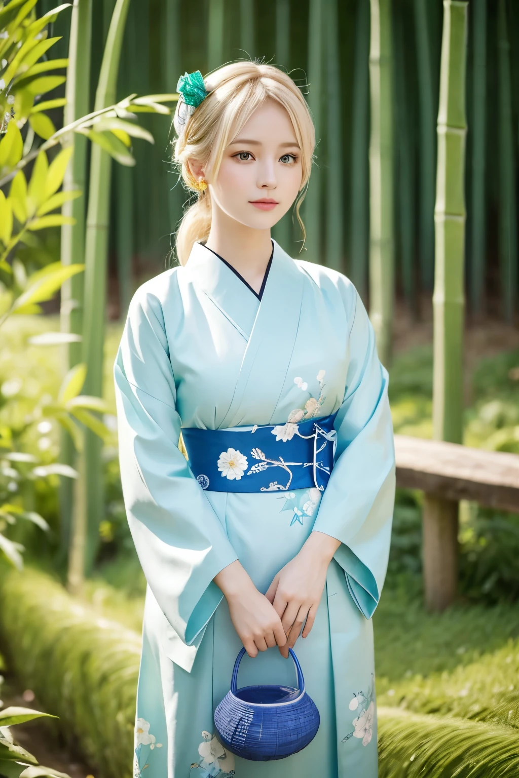 A simple green background、A young blonde woman wears a traditional Japanese kimono。She has a lace headband in her hair、There is a blue ribbon。Delicate earrings swaying from her ears、He is holding a bamboo basket in his hand.。The dress is light blue、Decorated with white floral patterns。Her face has a calm and composed look、The overall look exudes an elegant and classic feel.。