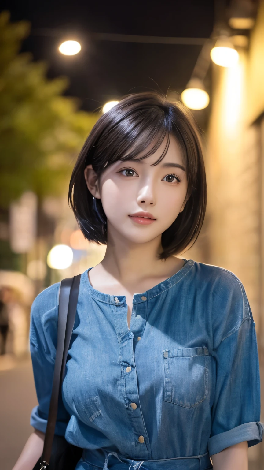 (highest quality,masterpiece:1.3,超A high resolution,),(Very detailed,Caustics),(Photorealistic:1.4,RAW shooting,)Ultra-Realistic Capture,Very detailed,High resolution 16K for human skin、 Natural skin texture、、Skin tone is even and healthy looking、 Use natural light and color,One Woman,Japanese,,cute,Black-haired,Mid-length hair,(Written boundary depth、chromatic aberration、、Wide range of lighting、Natural Shading、)、(Outdoor lighting at night:1.4)、(Hair swaying in the wind:1)、short hair、outside in spring