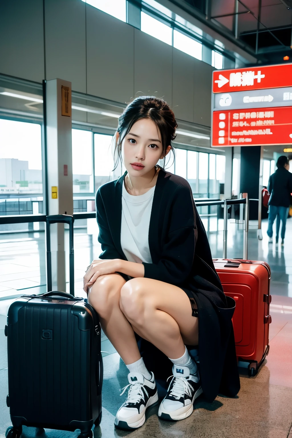 Woman sitting on the floor with suitcase on her knees, Airport Background, In a suitcase, promo shot, Photo shoot, kiko mizuhara, produce: Hiroyuki Tajima, produce: Nishida Shun'ei, Gemma Chen, ticker, Zia, Lulu Chen, Nakamura Naodo(Naondo Nakamura), by Ayami Kojima, Mixed art, by Tadashi Nakayama, Rainy