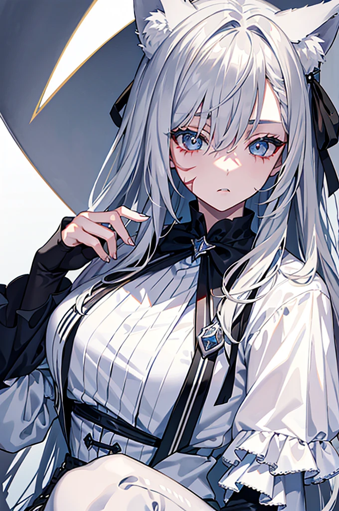 best qualtiy，tmasterpiece，The is very detailed，4K，Gray hair and shallow eyes，Drag cool expressions，Wolf ears，Erect scar on the left eye，British style，1girl，Absolutely beautiful, big bust, white costume, ear ribbon