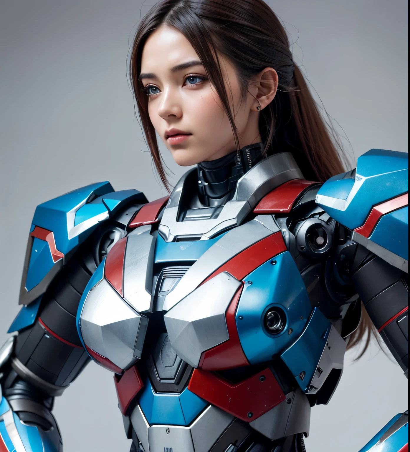 Textured skin, Super Detail, high details, High quality, Best Quality, hight resolution, 1080p, hard disk, Beautiful,(Iron Patriot),2 females,beautiful cyborg woman,Mecha Cyborg Girl,Battle Mode,Girl with a Mecha Body,She wears a futuristic Iron Patriot mech,Fulll body Shot