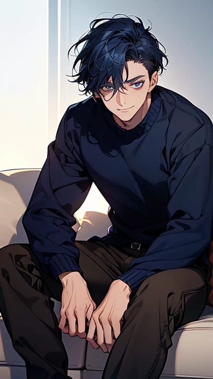 (highest quality,High resolution,masterpiece:1.2),Abstract,Masculine,Navy Blue Hair,28 years old,Dark blue eyes,sweater,cargo pants,Dark blue gaze,Calm,quiet,A kind smile,Sitting on the couch,talk