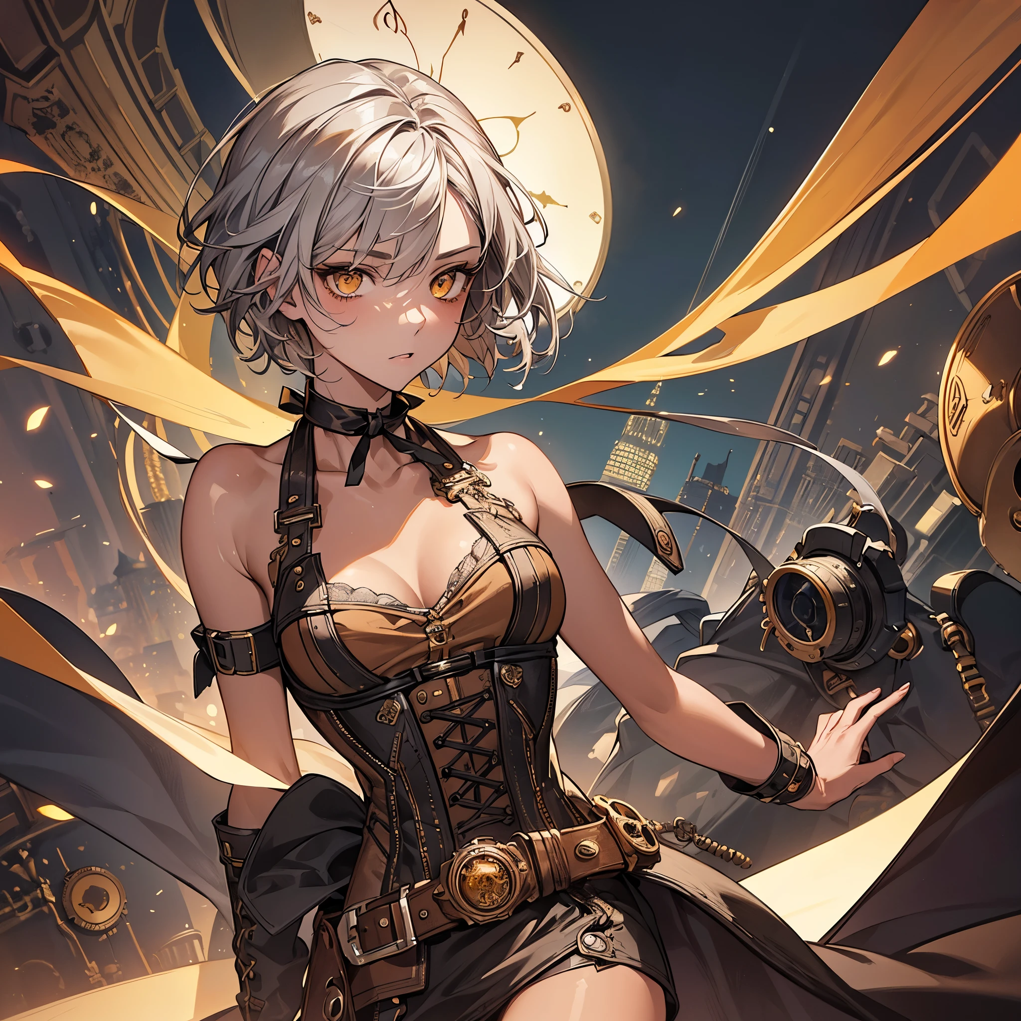 masterpiece, highest quality, Perfect Face, Highest Resolution, Highest quality,Detailed depiction of the eyes, 1 girl, young, slender body, Shorty, deep tan skin, slate gray hair, short hair, upturned eyes, Yellow Orange eyes, Perfect Anatomy, steampunk, 19th century, ribbon choker, steampunk style costume,city,
