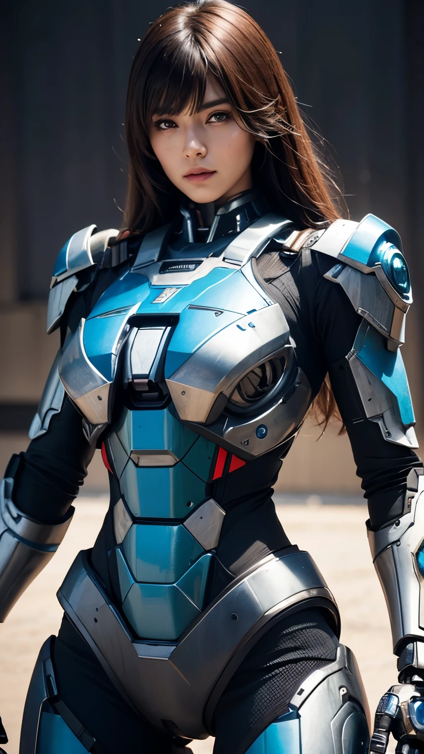 Textured skin, Super Detail, high details, High quality, Best Quality, hight resolution, 1080p, hard disk, Beautiful,(Iron Patriot),2 females,beautiful cyborg woman,Mecha Cyborg Girl,Battle Mode,Girl with a Mecha Body,She wears a futuristic Iron Patriot mech,Fulll body Shot
