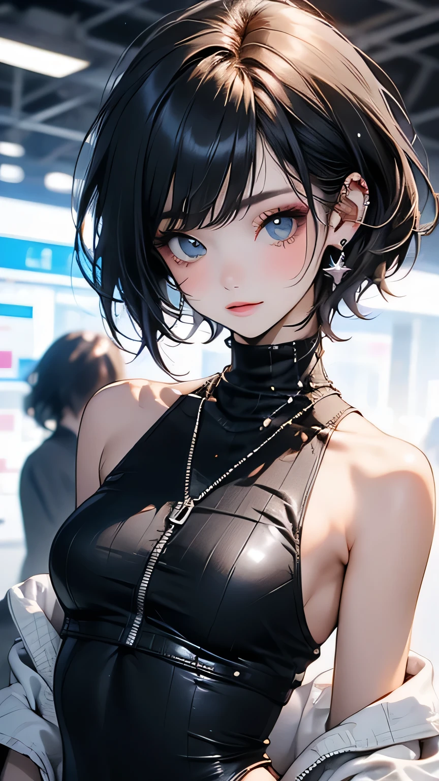 cyber punk edgerunners, One girl, Lucy (cyber punk), Exposing shoulders, blue eyes, chest, leotard, View Viewer, medium chest, Off the shoulderジャケット, Off the shoulder, Red eyeliner, short hair, sleeveless turtleneck leotard, alone, turtleneck leotard, Gray Hair, ((masterpiece)) (highest quality, masterpiece)