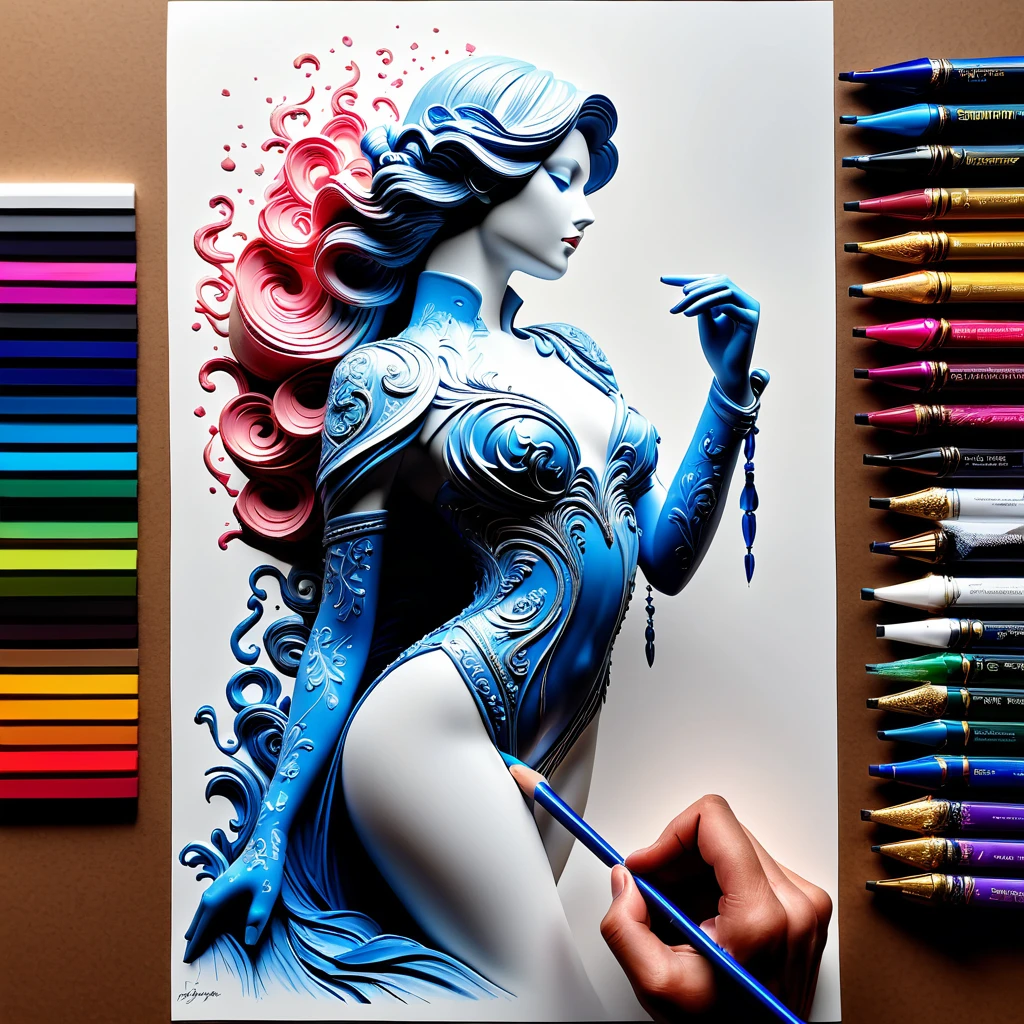 Dessin d'une sublime figurine 4D qui se dessine elle même, style encre uhd époustouflante et à couper le souffle, effet volumique qui semble sortir de la feuille de dessin, ((his left arm like a plaster sculpture comes out of the sheet and draws on the sheet)) couleurs sublimes romantique et sensuelle