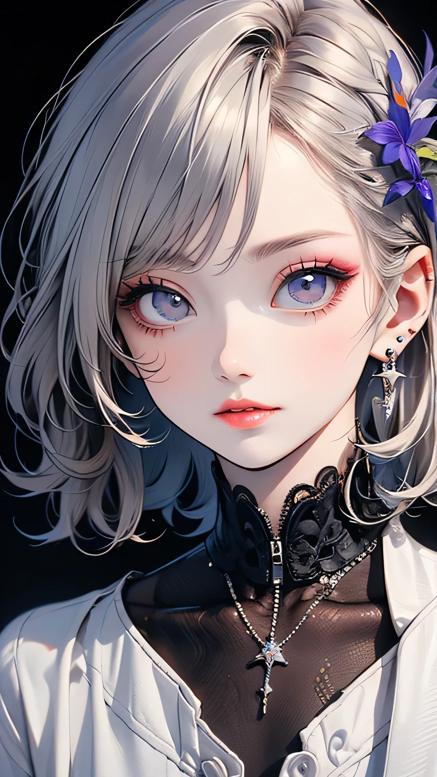 (highest quality, masterpiece), One girl, beautiful girl, Brown_eye, ((hair color [Silver hair], [Pixie cut with front hair] hair)), Earrings, lips, Short sleeve,Realistic, Tight waist, Charm, Colorful Makeup, Long eyelashes, Fair skin, (cute), (Detailed face), Detailed eye, Detailed iris, 