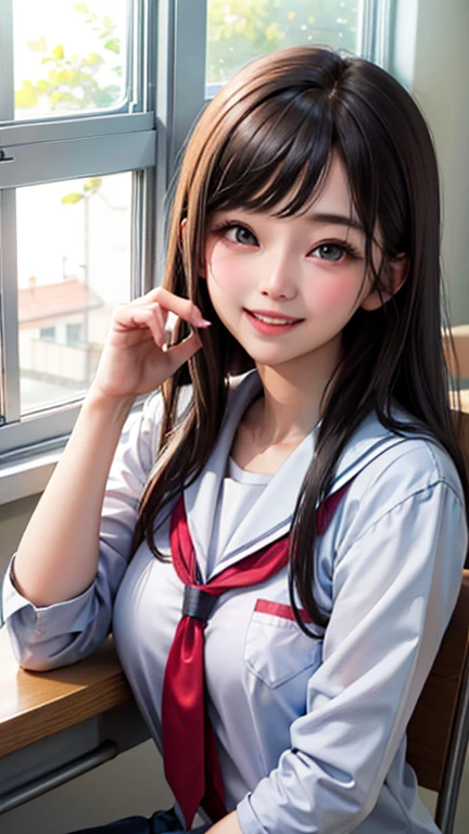 high school girl、classroom、Window seat、Upper Body、Daytime、A little forward、A big smile
