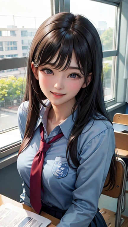 high school girl、classroom、Window seat、Upper Body、Daytime、A little forward、A big smile