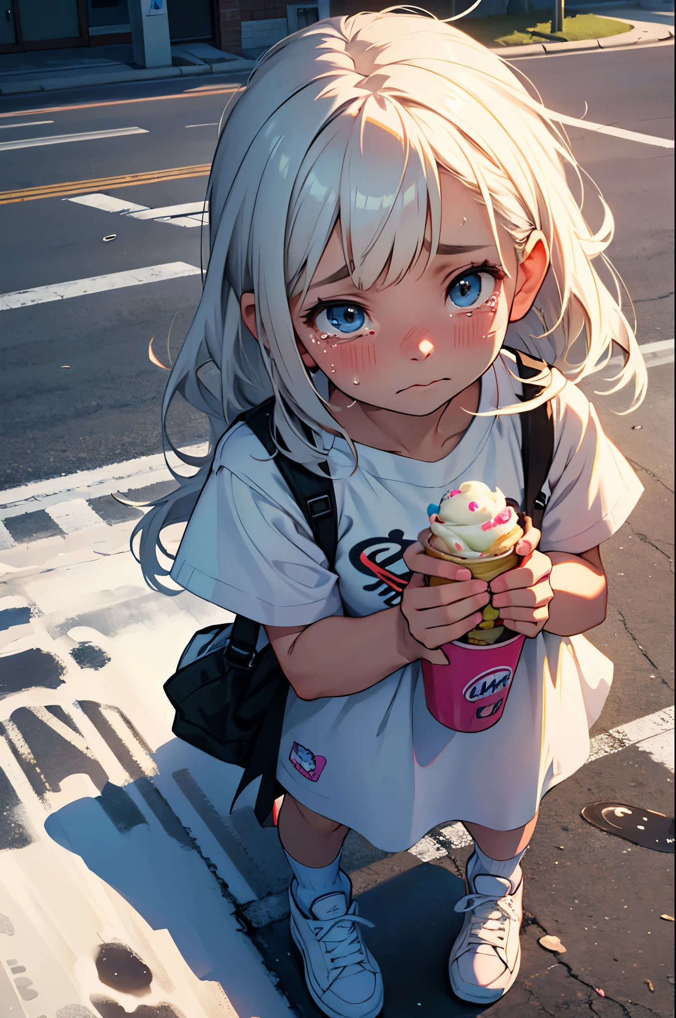 crying, a sad face, tears coming from her eyes, ice cream on the ground,melting ice cream, picture angle from the top