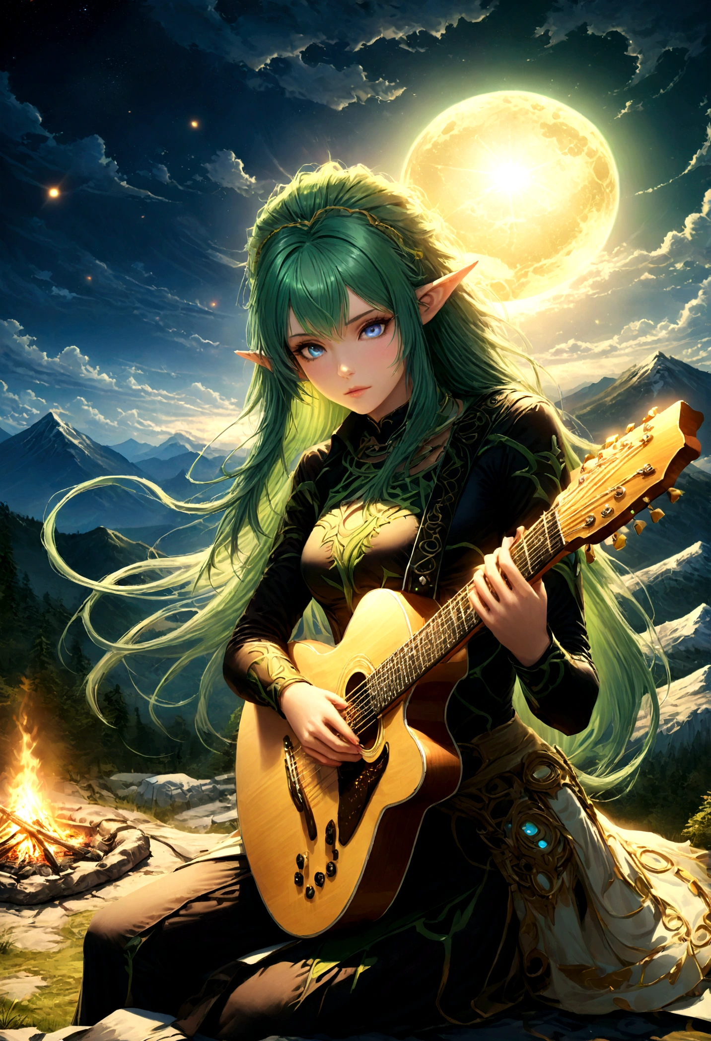 fantasy art, RPG art, a female elf playing (aether guitar: 1.3), she sits on the top of the mountain at night, exquisite beautiful female elf, (green hair: 1.4), long hair, (blue eyes: 1.30, wearing dynamic clothing, playing (aether guitar: 1.3) aetherpunkai, near a camp fire, on top of a fantasy mountain ,moon, stars, clouds, god rays, soft natural light, dynamic angle, photorealism, panoramic view, ultra best realistic, best details, 16k, [ultra detailed], masterpiece, best quality, (extremely detailed), photorealism,