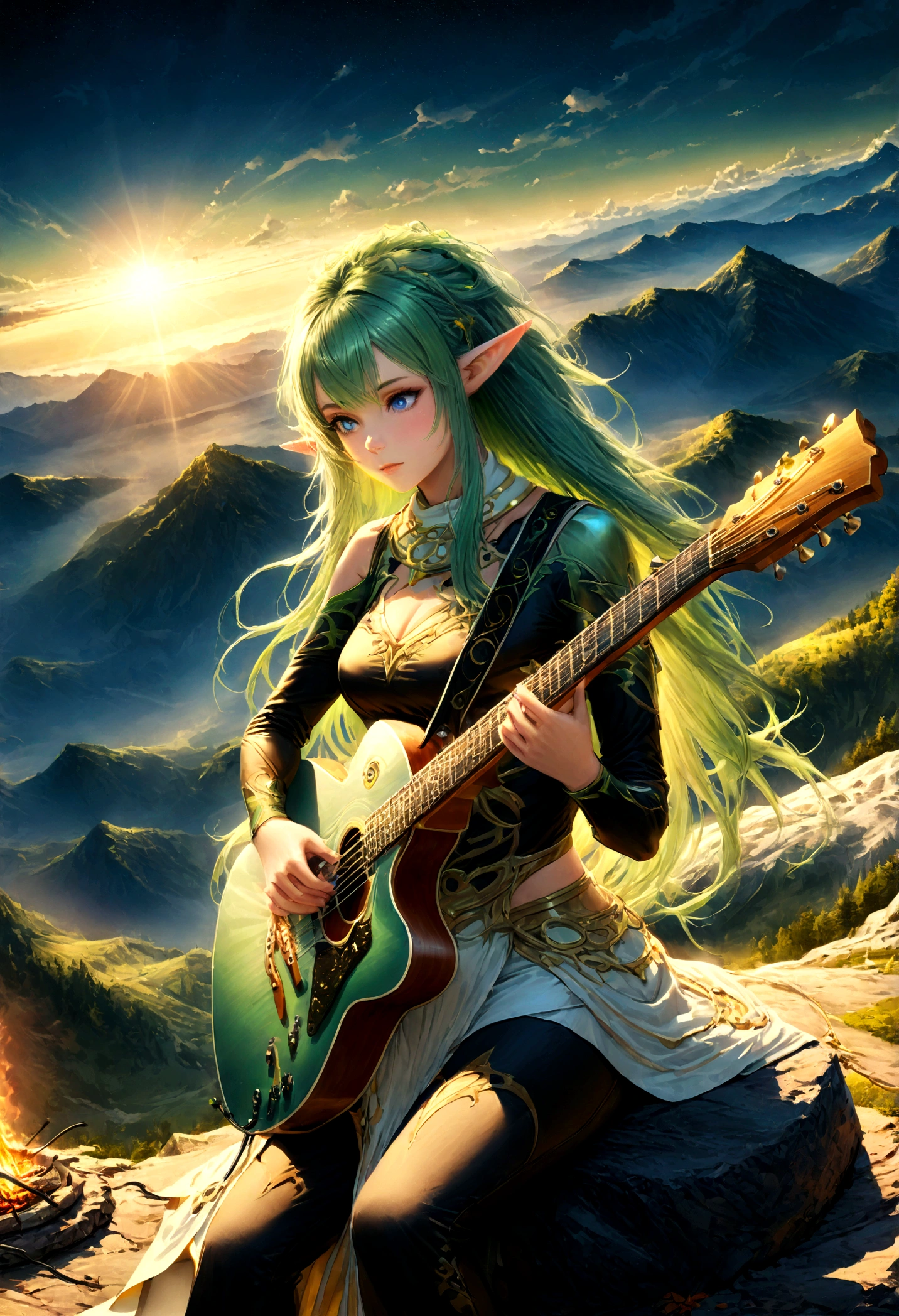 fantasy art, RPG art, a female elf playing (aether guitar: 1.3), she sits on the top of the mountain at night, exquisite beautiful female elf, (green hair: 1.4), long hair, (blue eyes: 1.30, wearing dynamic clothing, playing (aether guitar: 1.3) aetherpunkai, near a camp fire, on top of a fantasy mountain ,moon, stars, clouds, god rays, soft natural light, dynamic angle, photorealism, panoramic view, ultra best realistic, best details, 16k, [ultra detailed], masterpiece, best quality, (extremely detailed), photorealism,