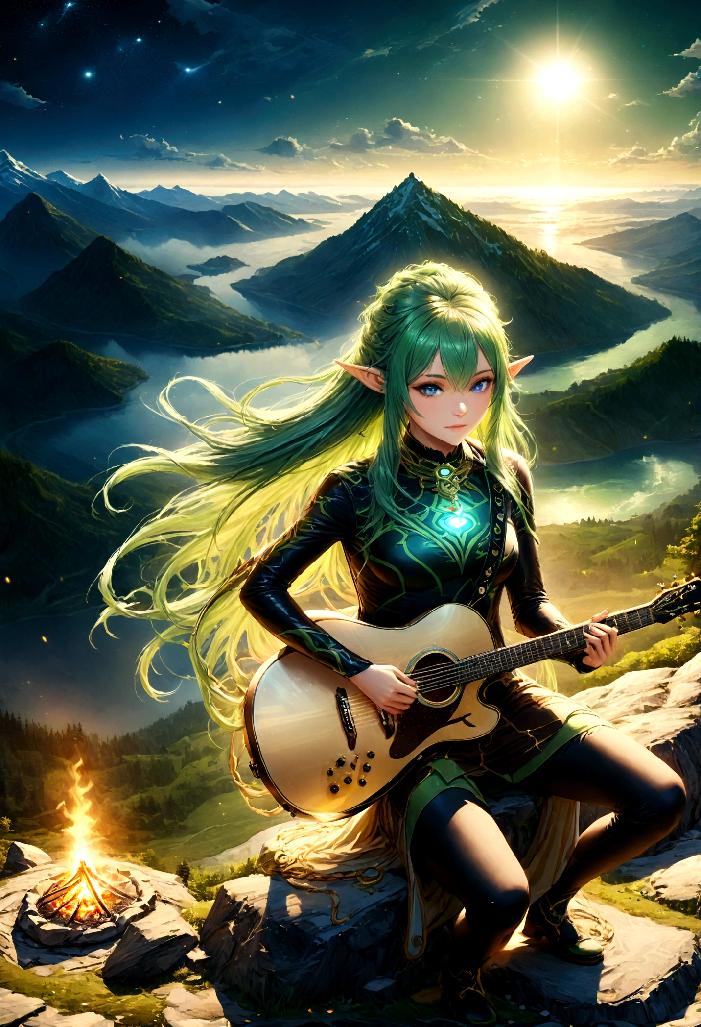 fantasy art, RPG art, a female elf playing (aether guitar: 1.3), she sits on the top of the mountain at night, exquisite beautiful female elf, (green hair: 1.4), long hair, (blue eyes: 1.30, wearing dynamic clothing, playing (aether guitar: 1.3) aetherpunkai, near a camp fire, on top of a fantasy mountain ,moon, stars, clouds, god rays, soft natural light, dynamic angle, photorealism, panoramic view, ultra best realistic, best details, 16k, [ultra detailed], masterpiece, best quality, (extremely detailed), photorealism,