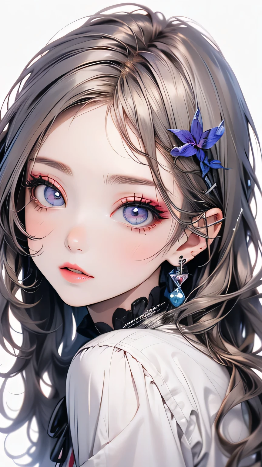 (highest quality, masterpiece), One girl, beautiful girl, Brown_eye, ((hair color [Silver hair], [Pixie cut with front hair] hair)), Earrings, lips, Short sleeve,Realistic, Tight waist, Charm, Colorful Makeup, Long eyelashes, Fair skin, (cute), (Detailed face), Detailed eye, Detailed iris, 
