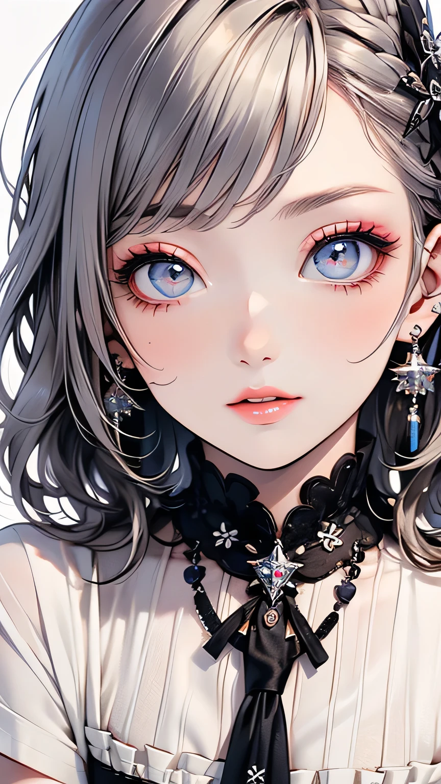 (highest quality, masterpiece), One girl, beautiful girl, Brown_eye, ((hair color [Silver hair], [Pixie cut with front hair] hair)), Earrings, lips, Short sleeve,Realistic, Tight waist, Charm, Colorful Makeup, Long eyelashes, Fair skin, (cute), (Detailed face), Detailed eye, Detailed iris, 