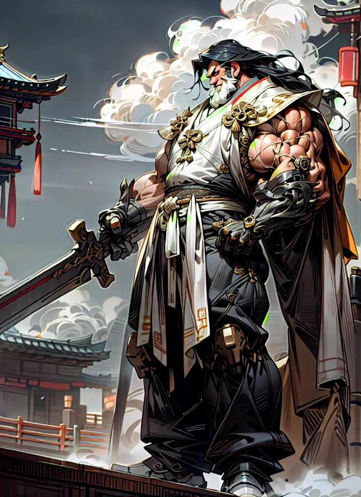 null,cloud,Holding_arms,no_human,shine,Wash Paint,Full body photo, Low angle shot,1 male, Strongman with a thick, muscular body,thick and muscular arms,Plump chest muscles Blood Thick chest,mature,Masculine,good looking, Long black hair,Chinese Wuxi Clothing,Waraji,architecture,Shine_eye,Mecha,SF,city,reality,Mecha
