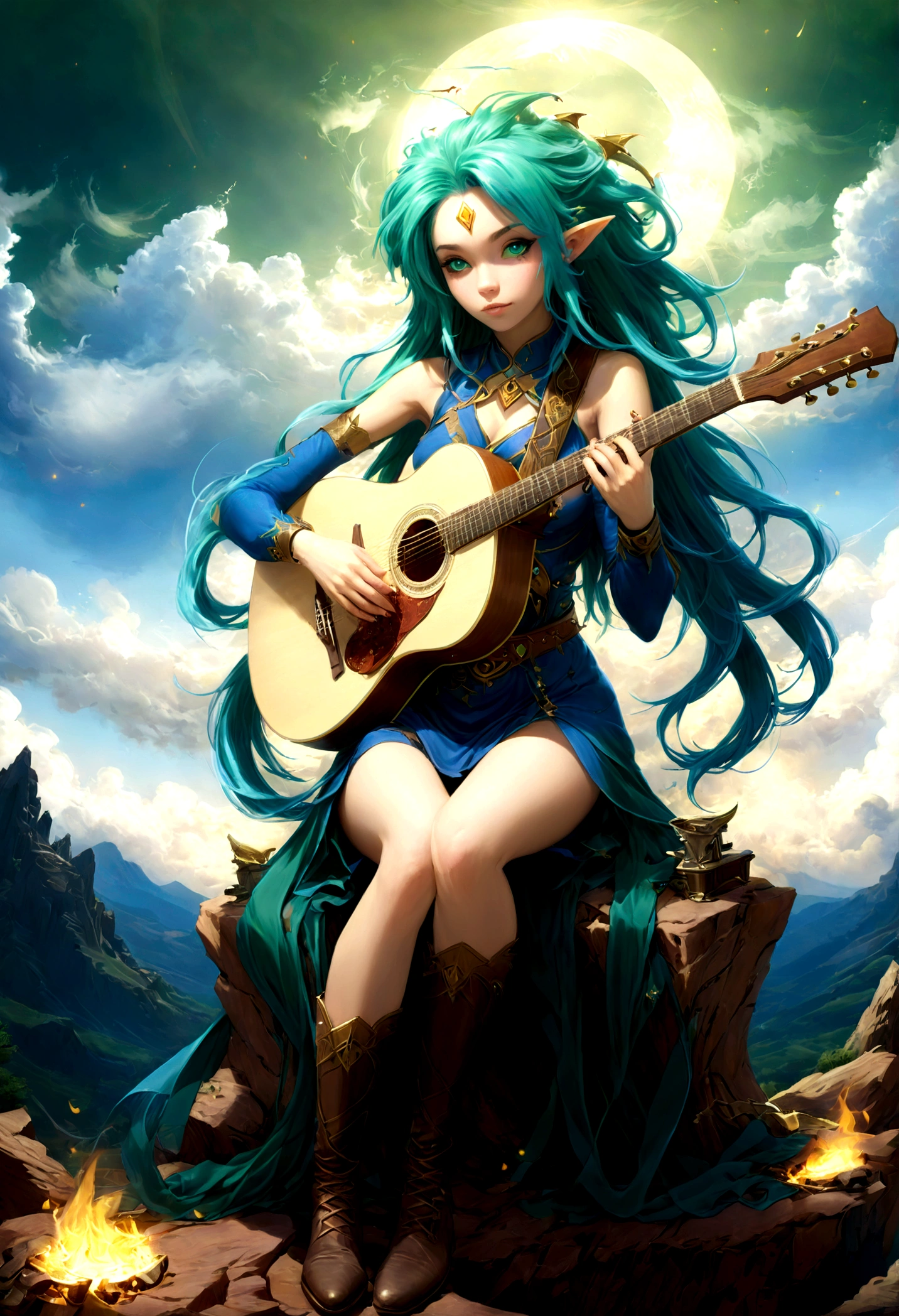 fantasy art, RPG art, a female elf playing (aether guitar: 1.3), she sits on the top of the mountain at night, exquisite beautiful female elf, (green hair: 1.4), long hair, (blue eyes: 1.30, wearing dynamic clothing, playing (aether guitar: 1.3) aetherpunkai, near a camp fire, on top of a fantasy mountain ,moon, stars, clouds, god rays, soft natural light, dynamic angle, photorealism, panoramic view, ultra best realistic, best details, 16k, [ultra detailed], masterpiece, best quality, (extremely detailed), photorealism,